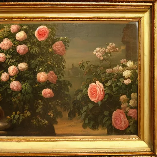 Prompt: dutch golden age painting of a wall of roses