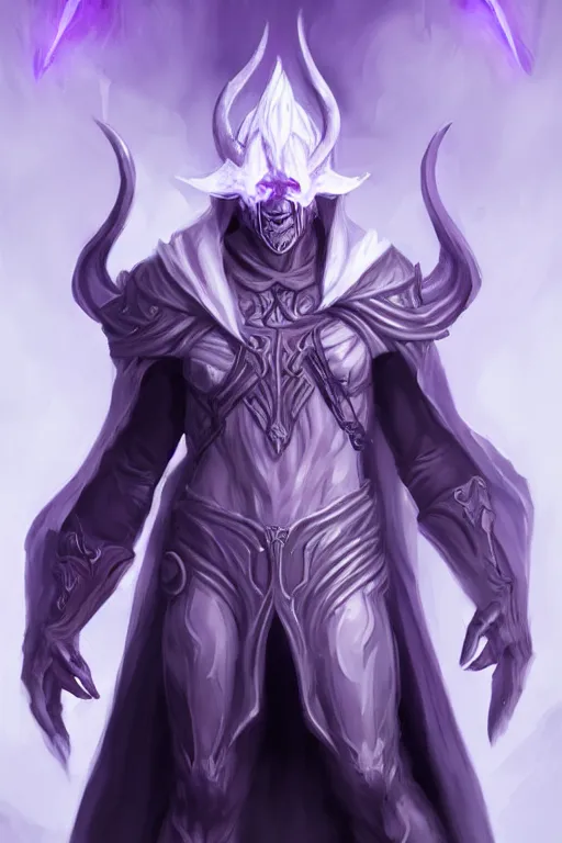 Prompt: human male demon, full body white purple cloak, no hoodie, intimidating, warlock, character concept art, costume design, black eyes, white horns, trending on artstation, Artgerm, WLOP
