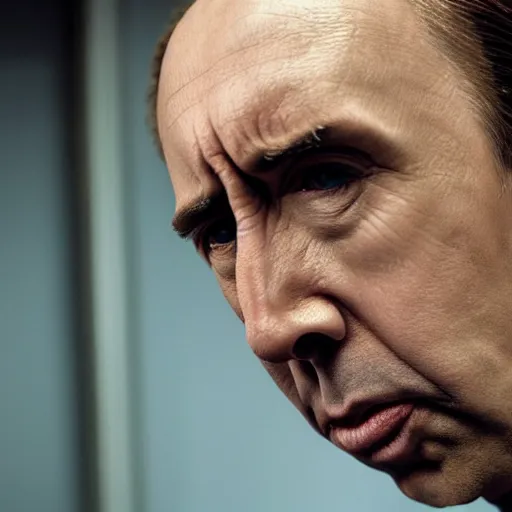 Image similar to nic cage but he is emaciated and starving to death, movie still, hd digital photography