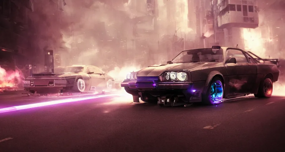 Prompt: movie still cyberdyne cars from terminator, dark cinematic lighting, smoke, atmospheric, purple lasers, low angle photography, beautiful, cyberpunk, artstation,