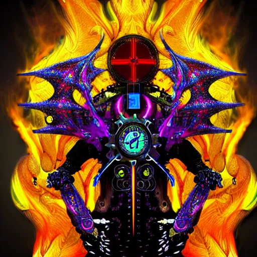 Image similar to cyberpunk dragon made of psychedelic particle effects breathing a flame of clockwork and gears, high detail, glossy finish