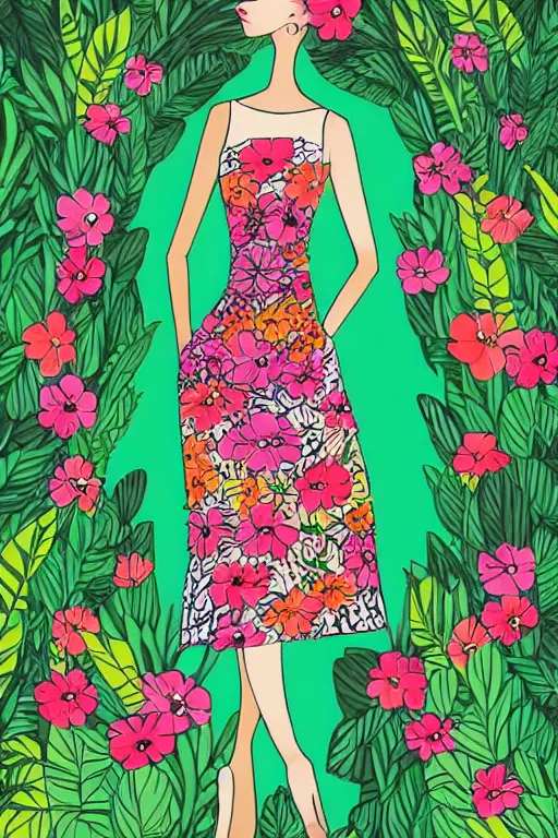 Prompt: floral dress by heaven gaia, fashion illustration by eko nugroho, jungle background, fine detail