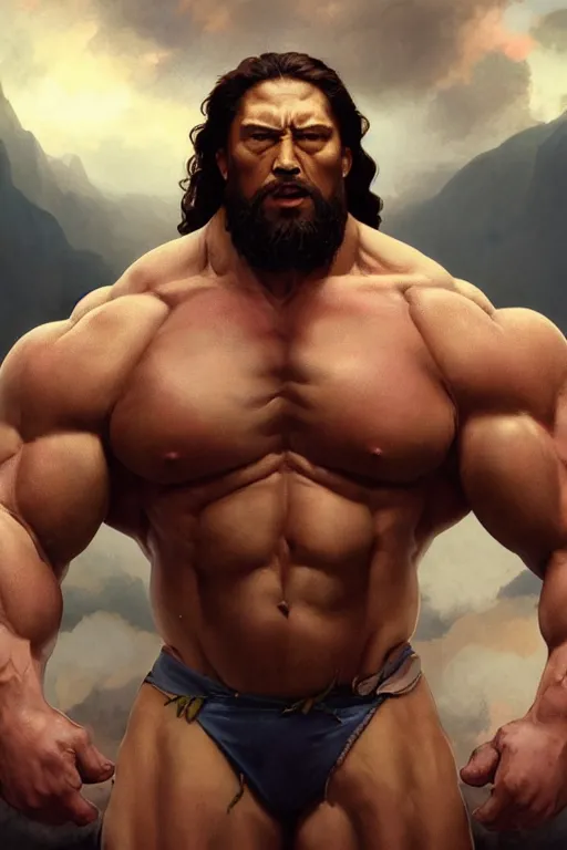 Image similar to upper body portrait of a hulking bulky swole steroids musclebound huge bodybuilder muscular herculean chiseled jesus christ, cinematic lighting, photorealistic, octane render, 8 k, depth of field, 3 d, art by artgerm and greg rutkowski and alphonse mucha and uang guangjian and gil elvgren and sachin ten