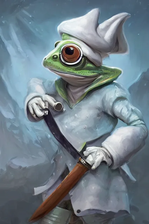 Image similar to cute anthropomorphic frog wearing a white butcher coat with a white butcher hat and holding a cleaver knife ,tiny, small, miniature frog, baby animal, short, pale blue armor, cute and adorable, pretty, beautiful, DnD character art portrait, matte fantasy painting, cgsociety Artstation, by Jason Felix by Steve Argyle by Tyler Jacobson by Peter Mohrbacher, cinematic lighting