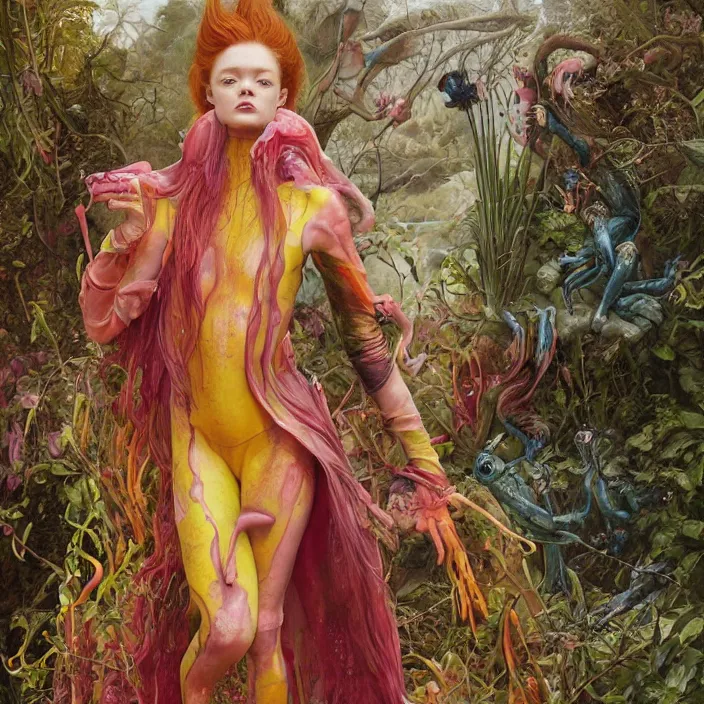 Image similar to a fashion editorial of sadie sink as a brightly colored sphinx amphibian hybrid with wet translucent skin. wearing an growing organic catsuit. by tom bagshaw, donato giancola, hans holbein, walton ford, gaston bussiere, brian froud, peter mohrbacher and magali villeneuve. 8 k, cgsociety