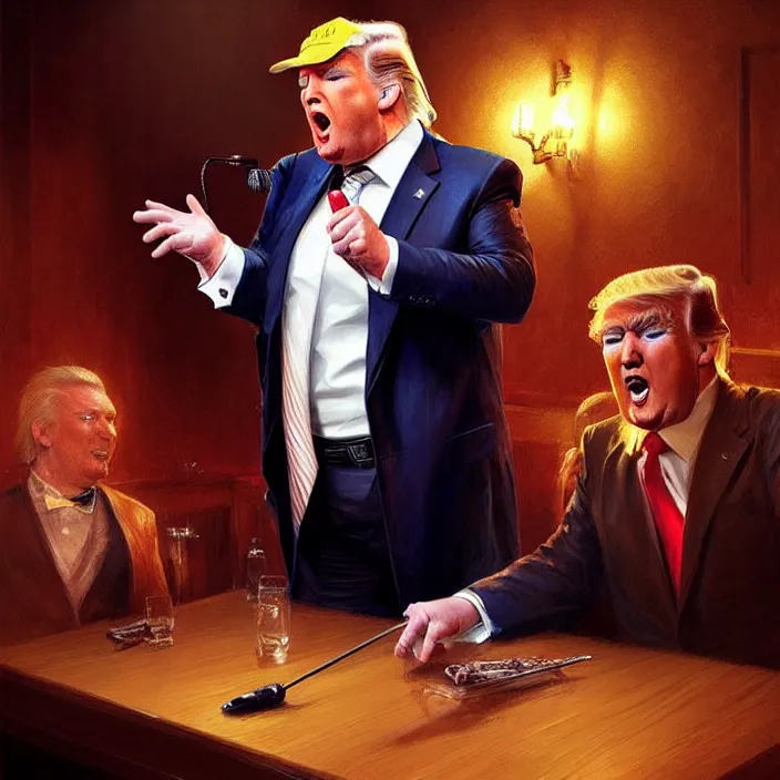 Image similar to donald trump singing on a table in a bar, elegant, real life skin, intricate artwork, high detailed, artstation, concept art, smooth, sharp focus, art by artgerm and greg rutkowski