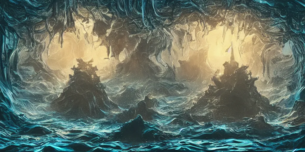 Prompt: of a dark and stormy ocean with large strange water creatures with big eyes, big mouth and big teeth appearing from the water, in the style of Gaudi, macro lens, shallow depth of field, highly detailed, digital painting, trending artstation, concept art, illustration, cinematic lighting, vibrant colors, photorealism, epic, octane render