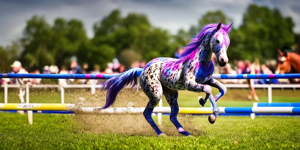 Prompt: action shot from a distance of 2 0 m of a hybrid my little pony ( appaloosa horse ), professional, high quality, multi colored saturated mane, a horse is at a steeplechase event, 4 k, dof, bokeh, action, dramatic lighting, photorealistic, detailed, hq, photorealism, digital art