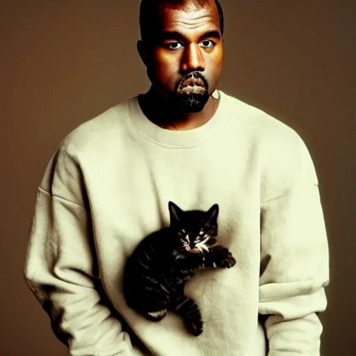 Prompt: Kanye West holding a kitten for a 1990s sitcom tv show, Studio Photograph, portrait C 12.0