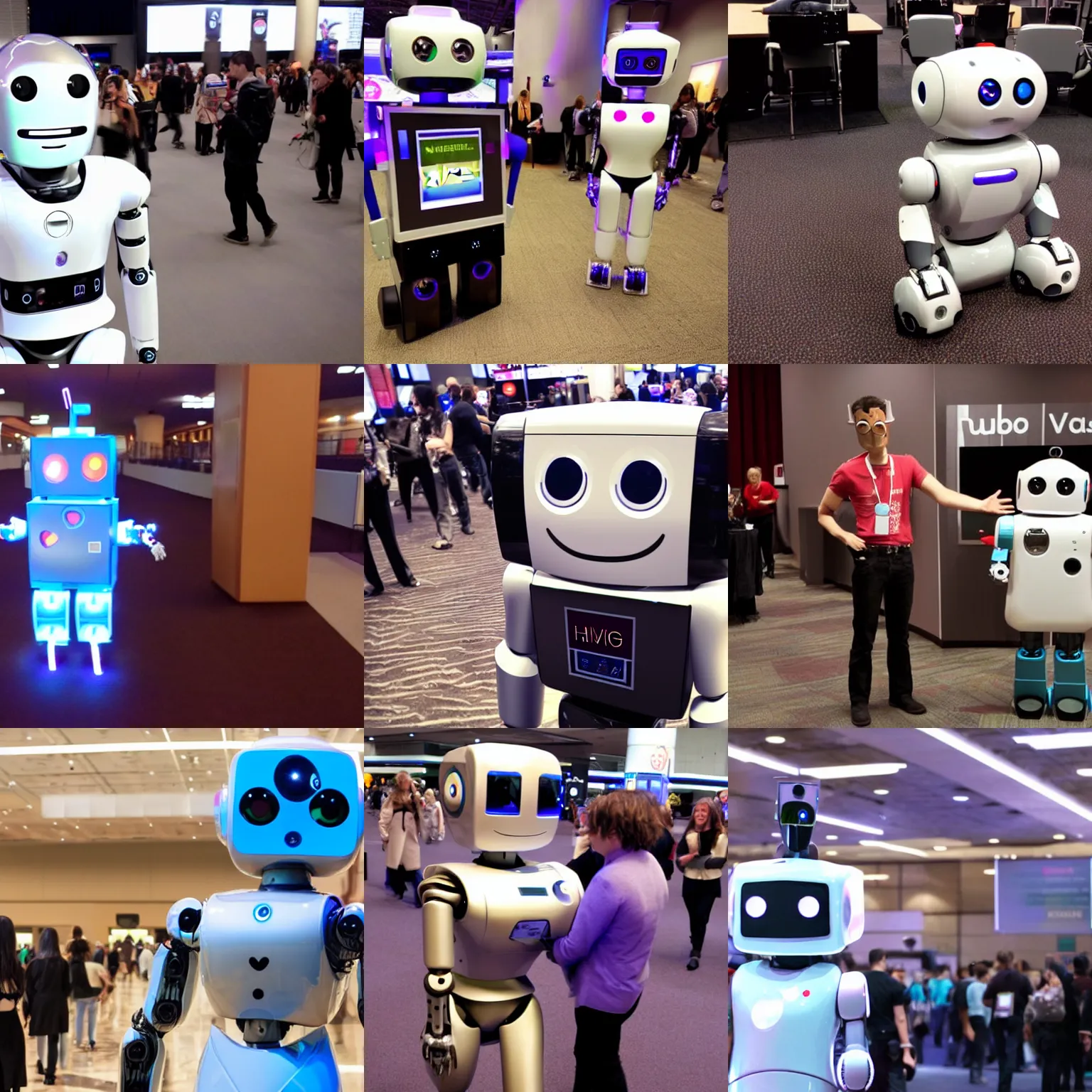 Prompt: <robot attention-grabbing wants=hug expression='give hug now' location='las vegas convention center'>absurd robot following me</robot>
