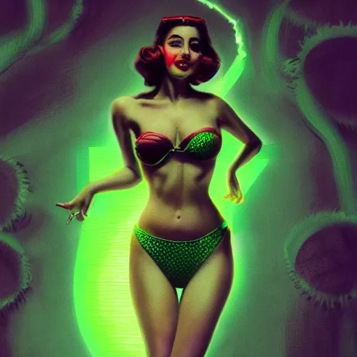 Image similar to portrait of pin up girl in a neon green bikini, visible aura of madness distorting the surroundings, occult details, greg rutkowski style, high quality, 8 k by olivia de berardinis