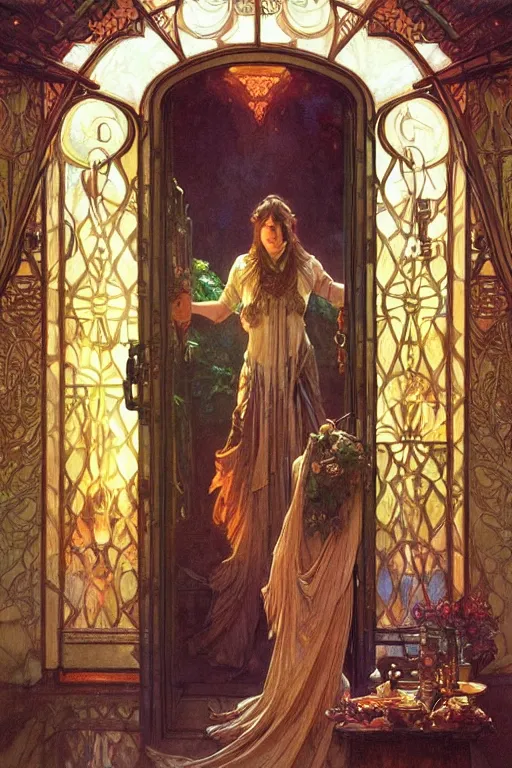 Prompt: large rustic intricately decorated wooden double door, metal handles, a view to a fantasy world, ethereal back light, mist, coherent composition, fantasy painting by artgerm greg rutkowski alphonse mucha greg hildebrandt tim hildebrandt