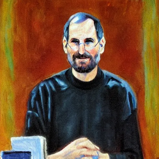 Image similar to impressionist painting of president steve jobs giving a speech