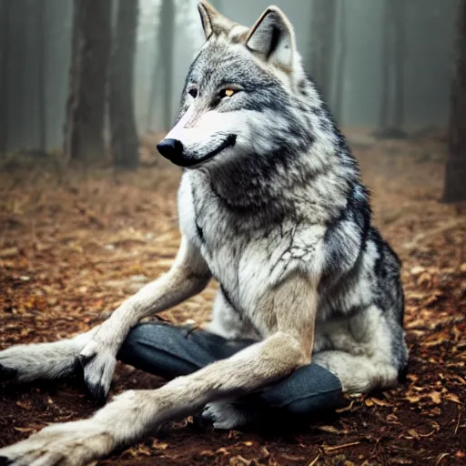 Image similar to photo of a wolf fursuit, meditating in the forest, in the morning, fog, ambient light, furaffinity