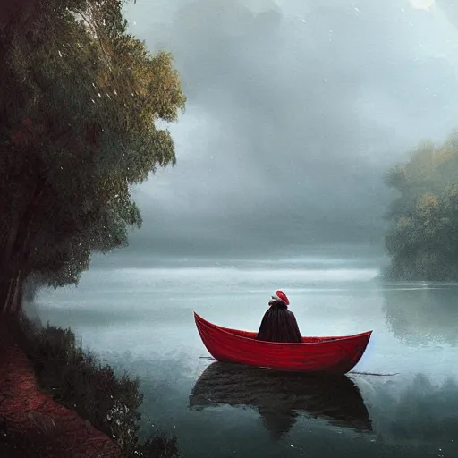 Prompt: an person with a cape on sitting in an boat in the middle of an green lake during storm, Matte painting , detailed painting, greg rutkowski