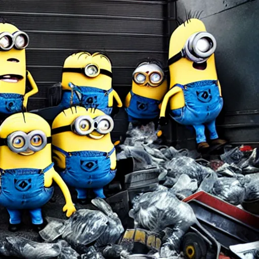 Image similar to photograph of several minions from despicable me being compacted by a trash compactor