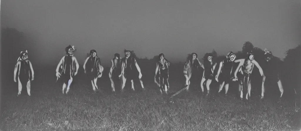 Prompt: circa 1 9 7 0 s restored 1 3 mm film photograph of a group of clowns in a field holding machetes at night, liminal, dark, thunderstorm, dark, flash on, blurry, ominous lighting