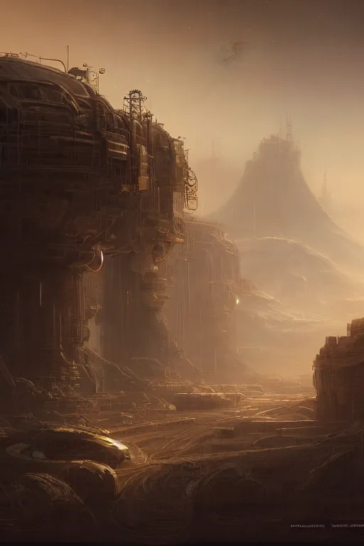 Image similar to factory on mars, yellow dust, high - tech, by wlop, by luis royo, by peter mohrbacher, concept art, digital illustration, intricate, masterpiece, elegant, super detailed, unreal engine rendering, smooth, sharp focus, artstation hq