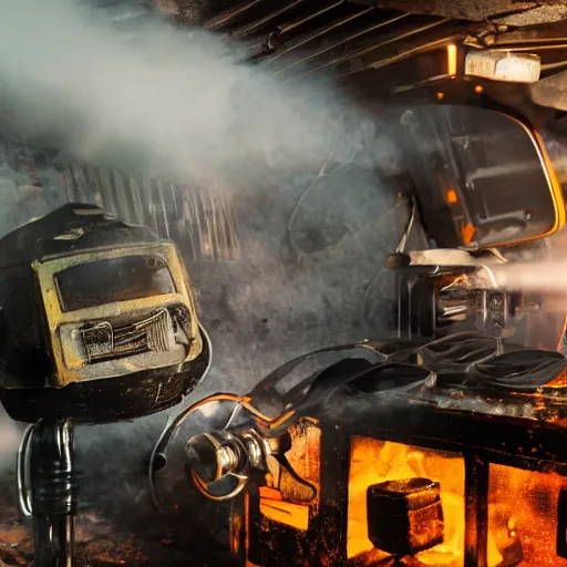 Image similar to toaster oven mecha head, dark messy smoke - filled cluttered workshop, dark, dramatic lighting, orange tint, sparks, cinematic, highly detailed, sci - fi, futuristic, movie still