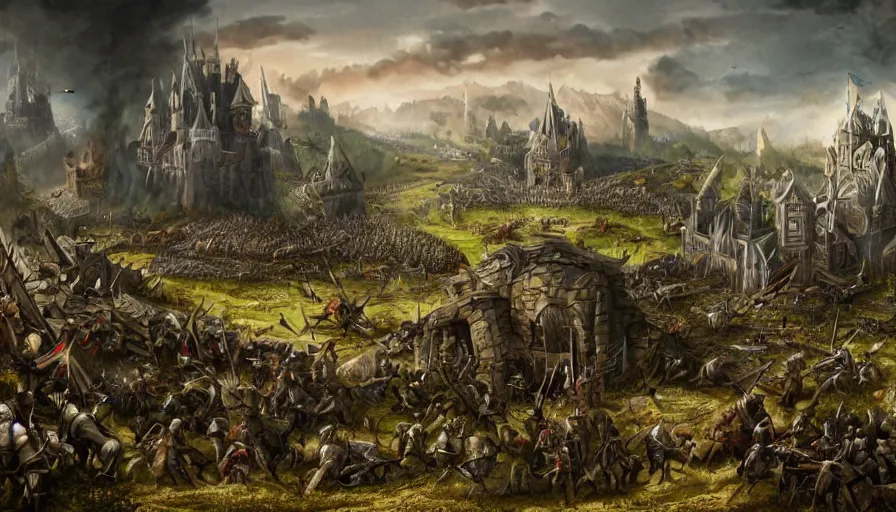 Prompt: matte painting of a huge medieval fantasy battlefield