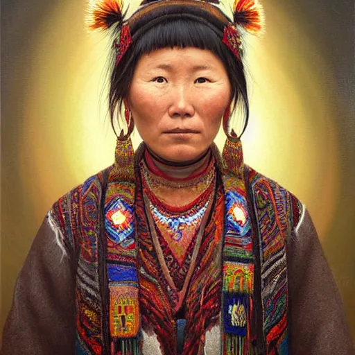 Image similar to portrait of a tuvans woman ( 3 5 ) from tuva, siberia, russia in 2 0 2 1, an oil painting by ross tran and thomas kincade