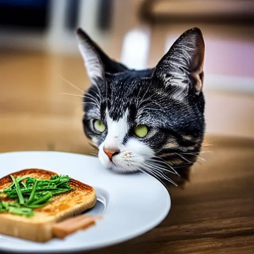 Image similar to noodles on toast cat watching over the food