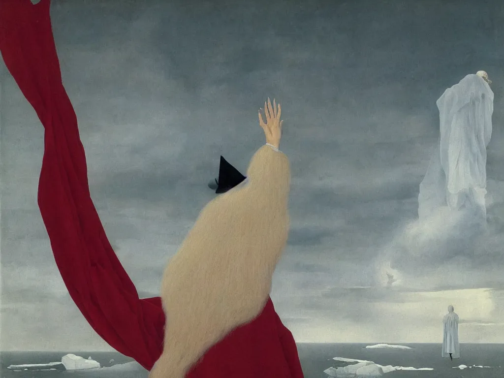 Image similar to albino mystic, with his back turned, looking at a snowstorm over the iceberg in the distance. Painting by Jan van Eyck, Audubon, Rene Magritte, Agnes Pelton, Max Ernst, Walton Ford