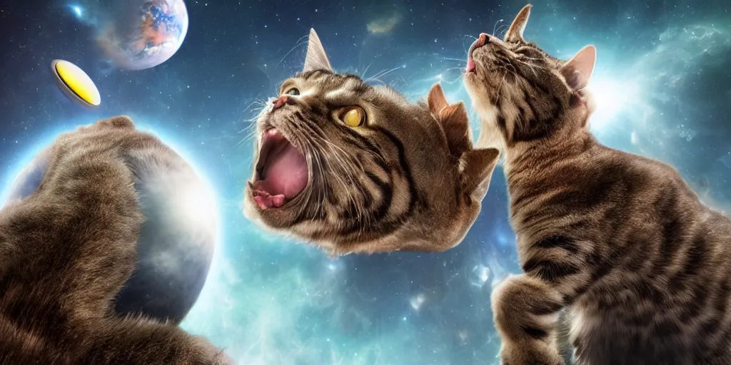 Prompt: a giant cat meowing at the earth planet, scifi, artstation, cosmos exploration, realistic photo, 4 k, photo by nasa, hubble telescope