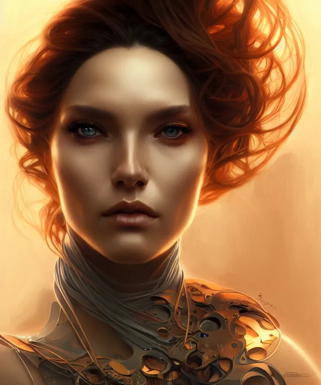 Image similar to futuristic woman portrait, sci-fi, amber eyes, face, long hair, fantasy, intricate, elegant, highly detailed, digital painting, artstation, concept art, smooth, sharp focus, illustration, art by artgerm and greg rutkowski and alphonse mucha