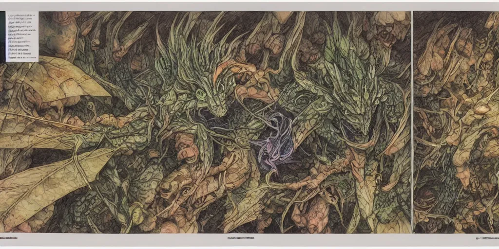 Image similar to high resolution scan of the pages of the cursed herbarium, by akira toriyama, by john howe