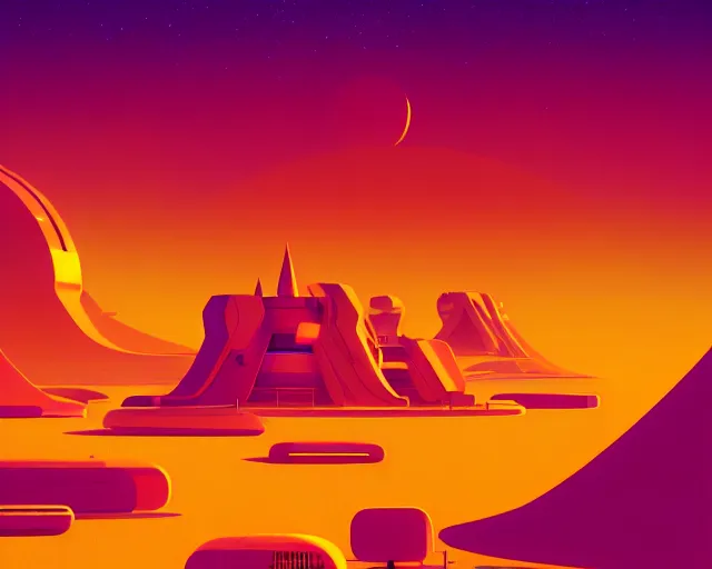 Prompt: retro futuristic landscape inspired by phillipe stark, art by mike winkelmann, golden hour, illustration, highly detailed, simple, smooth and clean vector curves, no jagged lines, vector art, smooth, artstation