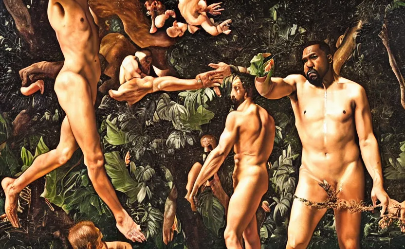 Image similar to kanye west in the garden of eden by caravaggio, highly detailed, intricate details, oil painting, deep impasto