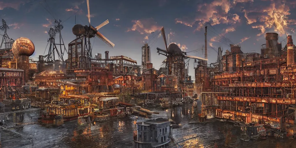 Image similar to A highly-detailed 3d digital artwork cityscape of an industrial steampunk city with windmills, tall wooden buildings, steam-powered factories, floating wooden boats, steel cars, steel steam trains, giant blimps