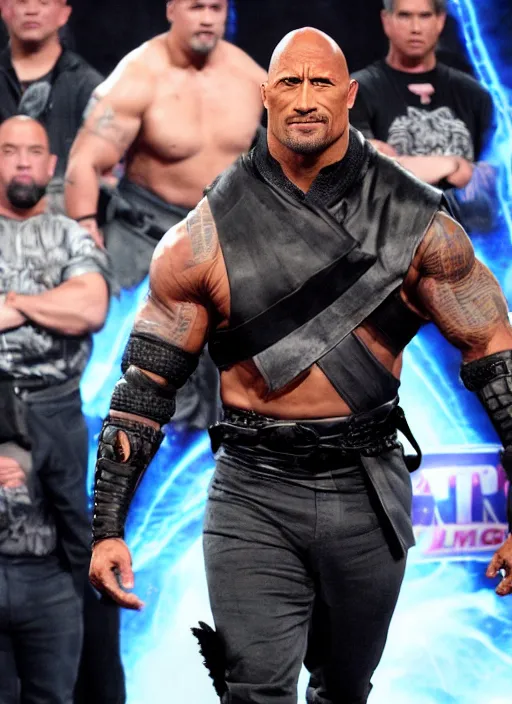 Image similar to dwayne johnson entering entrances ramp of smackdown as samurai!