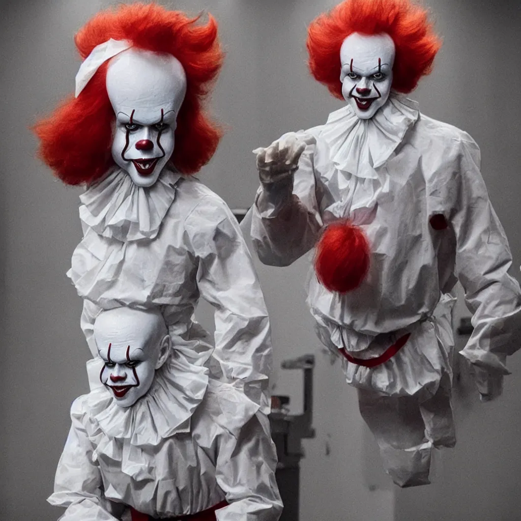 Image similar to a full body photograph of pennywise dressed as a doctor at a hospital