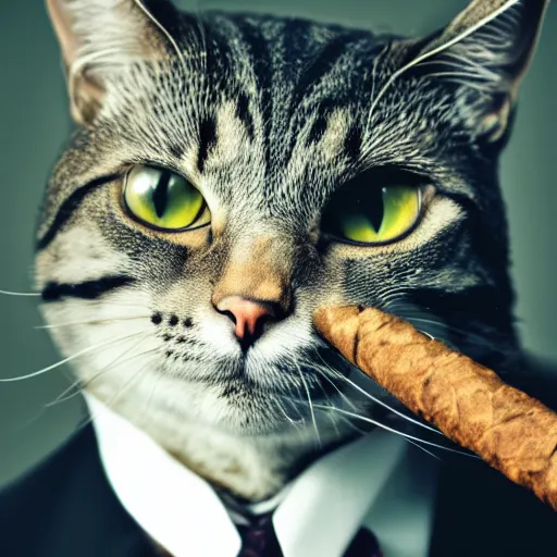 Image similar to a high detail closeup shot of a cat wearing a suit and smoking a cigar