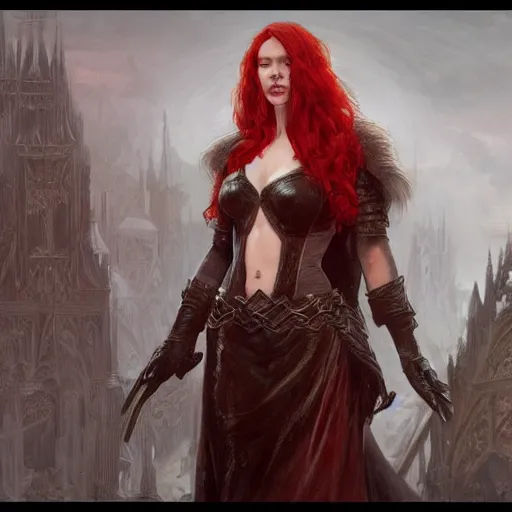 Prompt: scarlett johanson as a red haired vampire sorceress, leather armor, d & d, fantasy, intricate, elegant, highly detailed, digital painting, artstation, concept art, matte, sharp focus, illustration, art by greg rutkowski and alphonse mucha