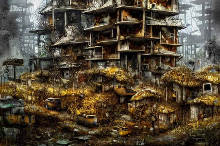 Prompt: favela fungus beehive, wooded environment, industrial factory, apocalyptic, award winning art, epic dreamlike fantasy landscape, ultra realistic,