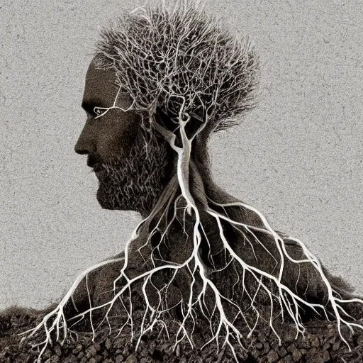 Image similar to a portrait of a man made of roots earth and stone, earthy, nature