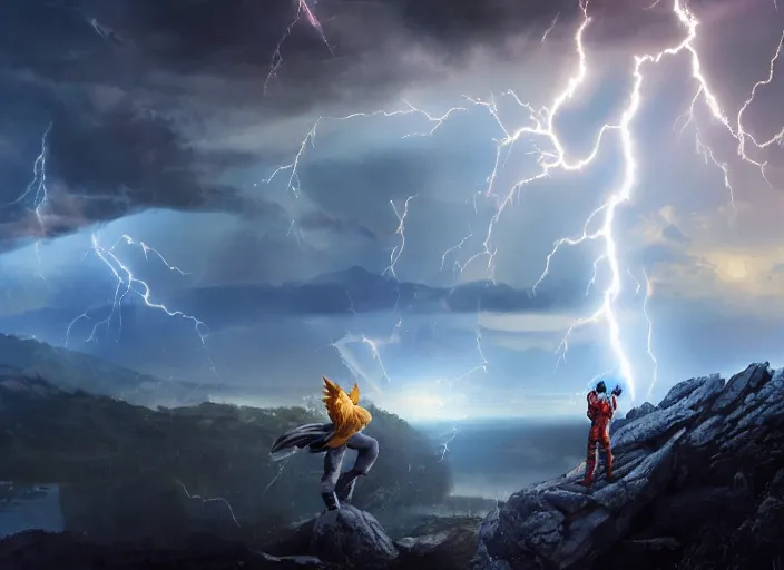 Prompt: realistic goku meeting iron man, beautiful landscape, lightning storm, dramatic lightning, cinematic, establishing shot, extremly high detail, photorealistic, cinematic lighting, epic fight scene, post processed, concept art, artstation, matte painting, style by greg rutkowsky