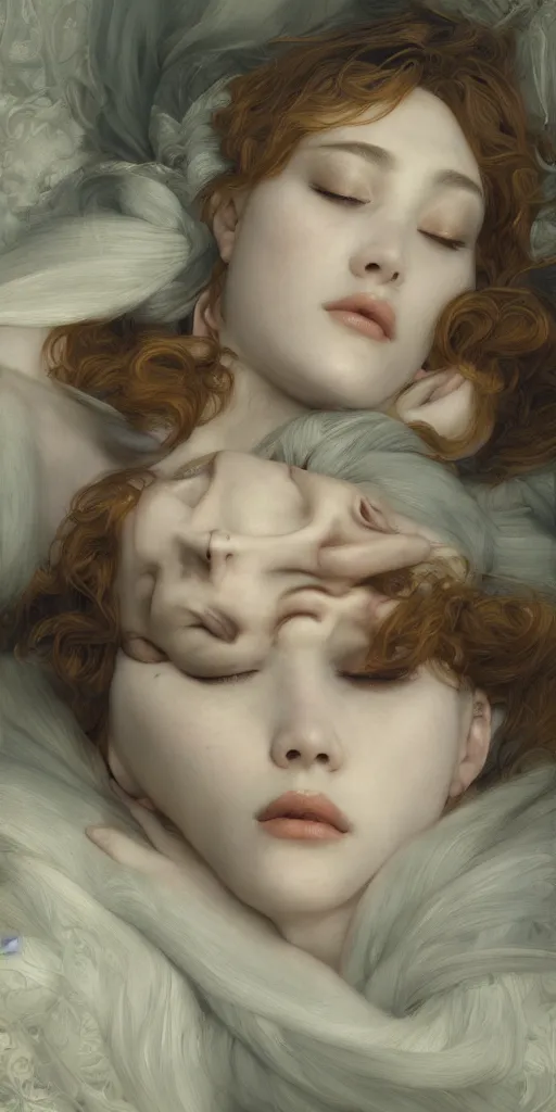 Image similar to sleeping queen, masterpiece by Edgar Maxence and Ross Tran and Michael Whelan, 8k, octane render