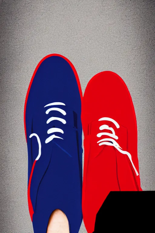 Prompt: minimal movie poster, mismatched red and blue shoes, dramatic