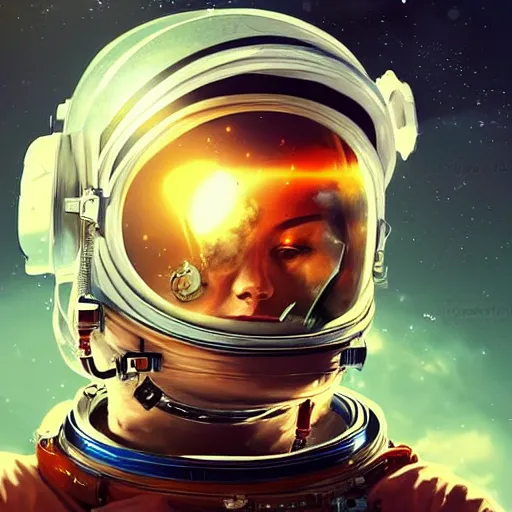 Image similar to portrait of an astronaut with a beautiful woman in the reflection on the helmet, dreamy, concept art, highly detailed, trending on art station, dreamy lighting, beautiful