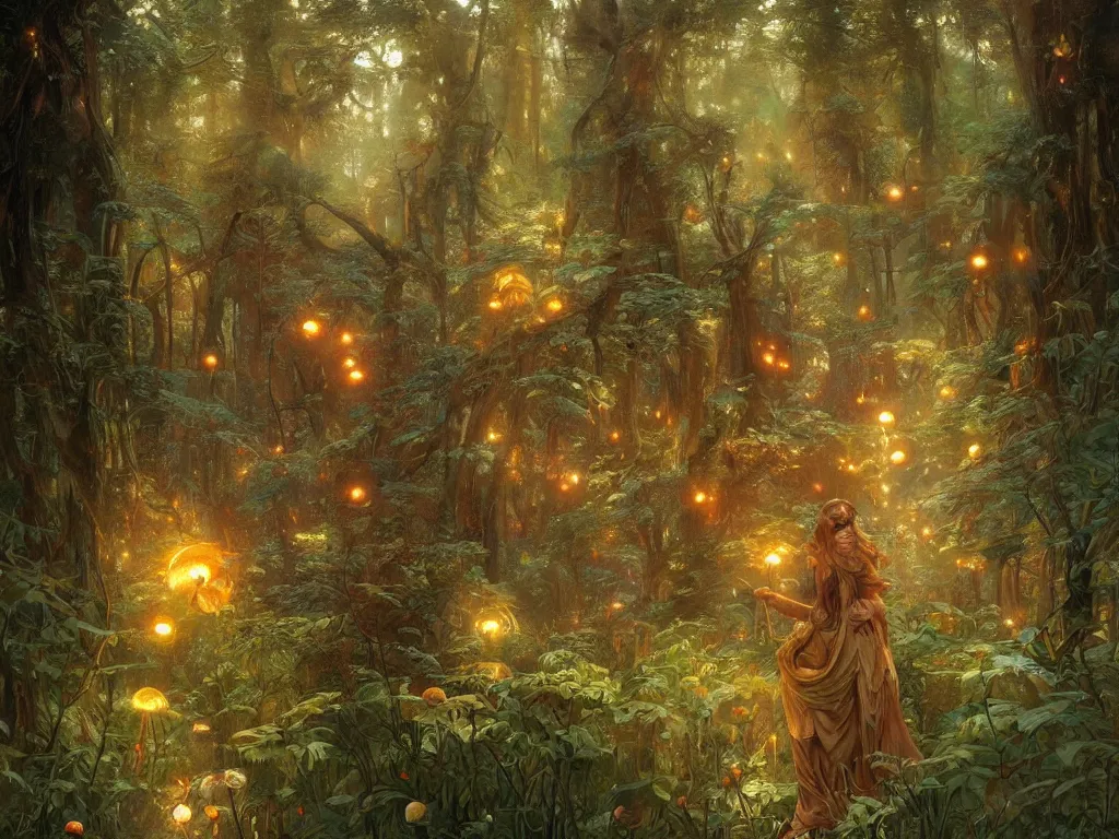 Image similar to Painting of a fantasy forest with mushrooms and fireflies, intricate, wild, highly detailed, digital painting, artstation, concept art, smooth, sharp focus, illustration, art by artgerm and greg rutkowski and alphonse mucha