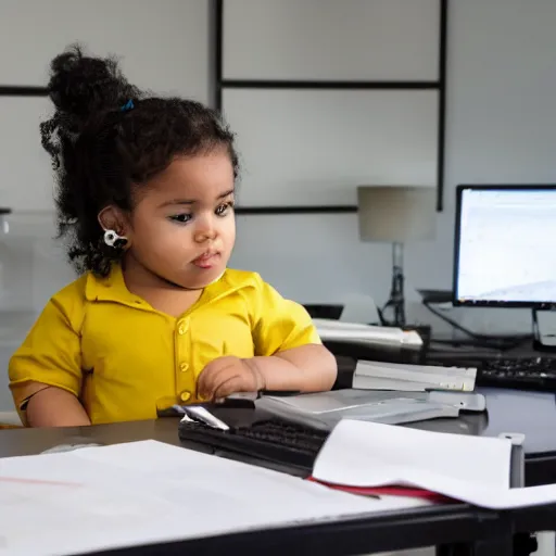 Image similar to a baby girl working CAD computer drafting, civil engineer, sitting at a desk
