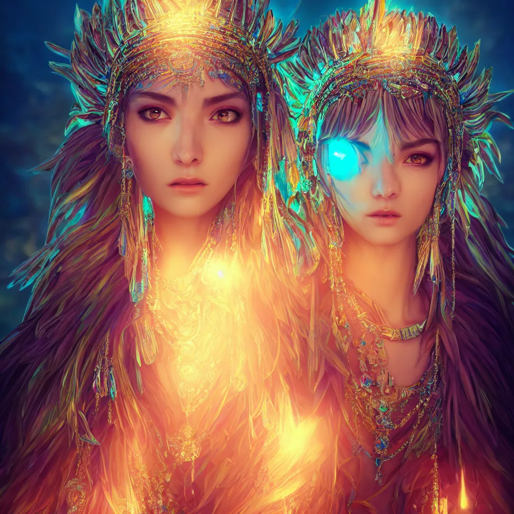 Image similar to portrait highly detailed beautiful symmetrical face high priestess intricate elegant detailed crystal jewellery with tribal feathers, lush colourful volumetric lighting, anime digital painting, concept art, smooth, sharp focus 3 d, divine realm of gods, realistic cinematic style, octane render, photographic, unreal engine 8 k