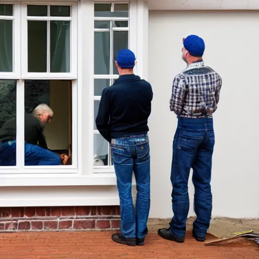 Prompt: many builders inspecting and discussing sash window