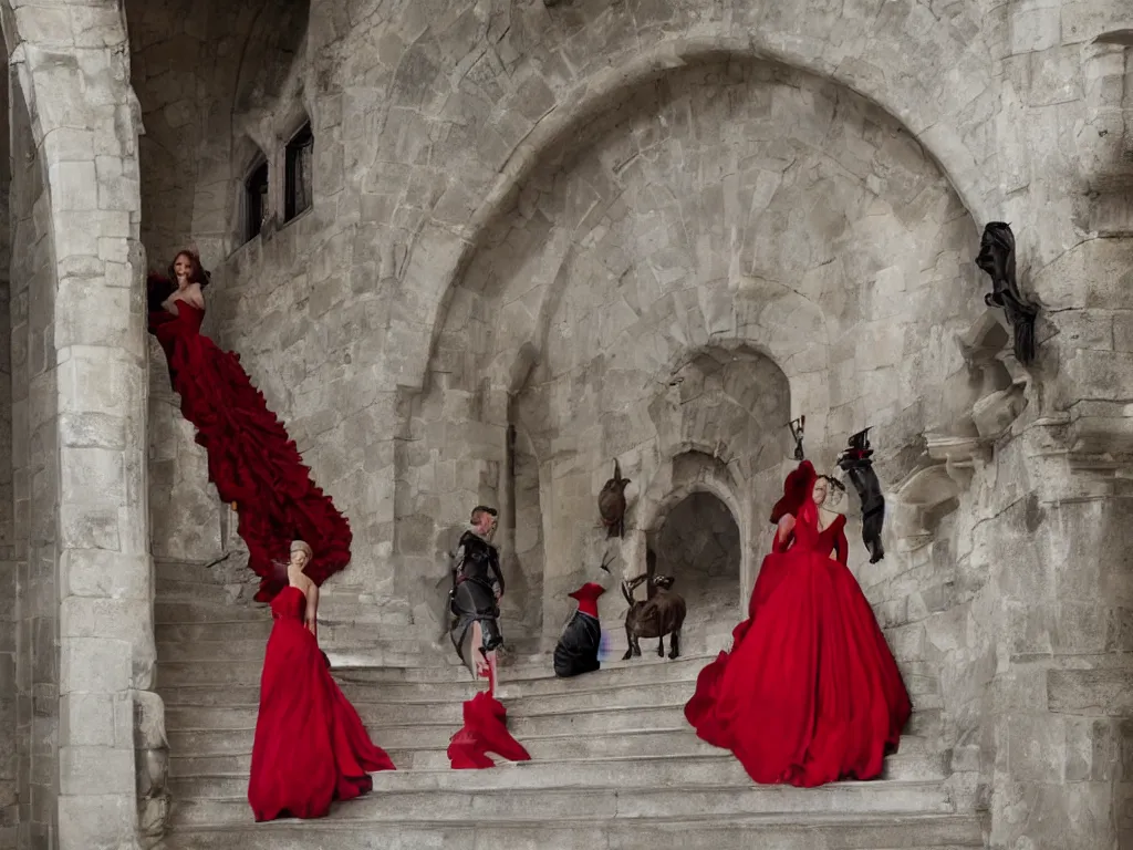 Prompt: An impressive castle entrance, a beautiful woman wearing a red dress, coming down the stairs, sided by two fierce Dobermans, art directed by Martin de Thurah and shot by Kasper Tuxen