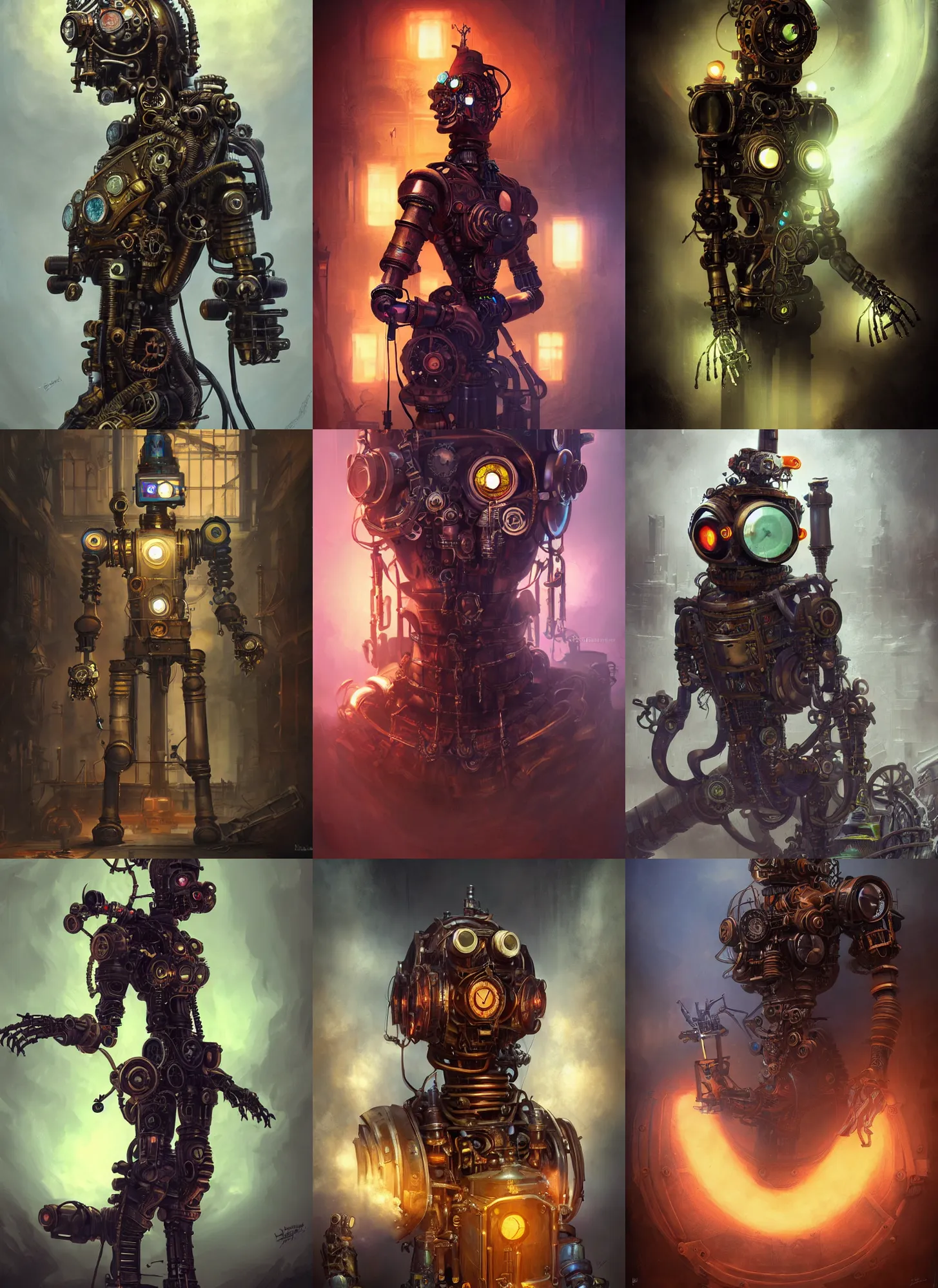Prompt: steampunk robot, vivid colors, dark shadows, contrast, concept art, sharp focus, digital art, Hyper-realistic, 4K, Unreal Engine, Highly Detailed, Dramatic Lighting, Beautiful, by Brom, bastien lecouffe-deharme