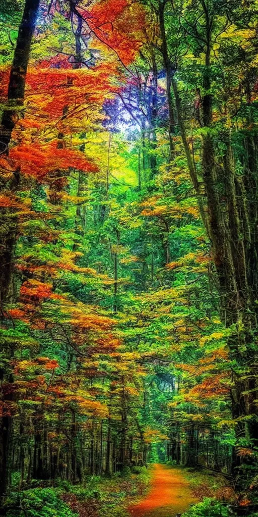 Prompt: amazing backgeound of hidden heaven with magical feeling forest vibrant colors